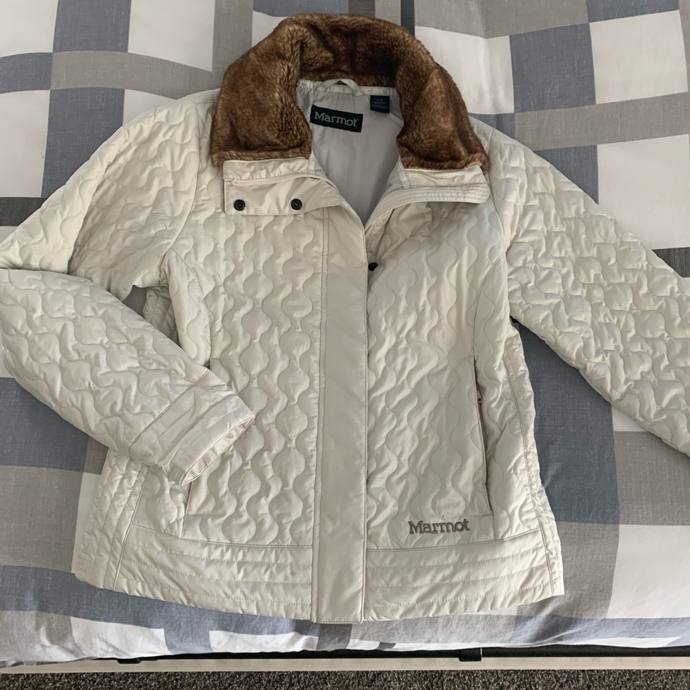 Marmot coat, excellent condition. Soft and comfortable. Winter white w/faux fur